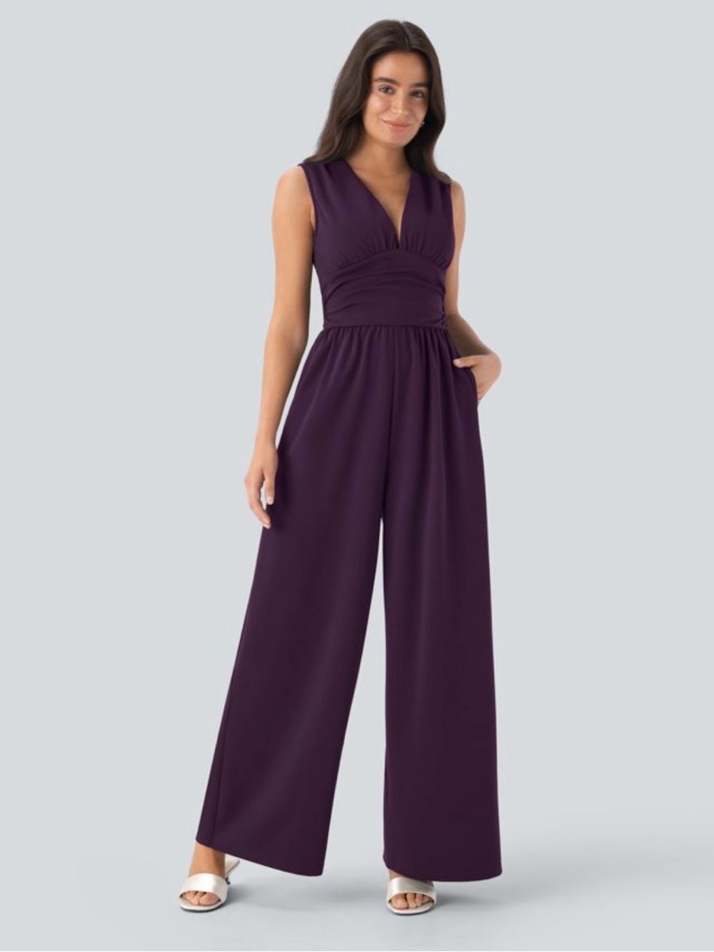 HALARA Sleeveless V-Neck Wide-Leg Jumpsuit in Plum